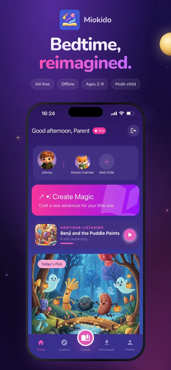 Miokido home screen with story setup