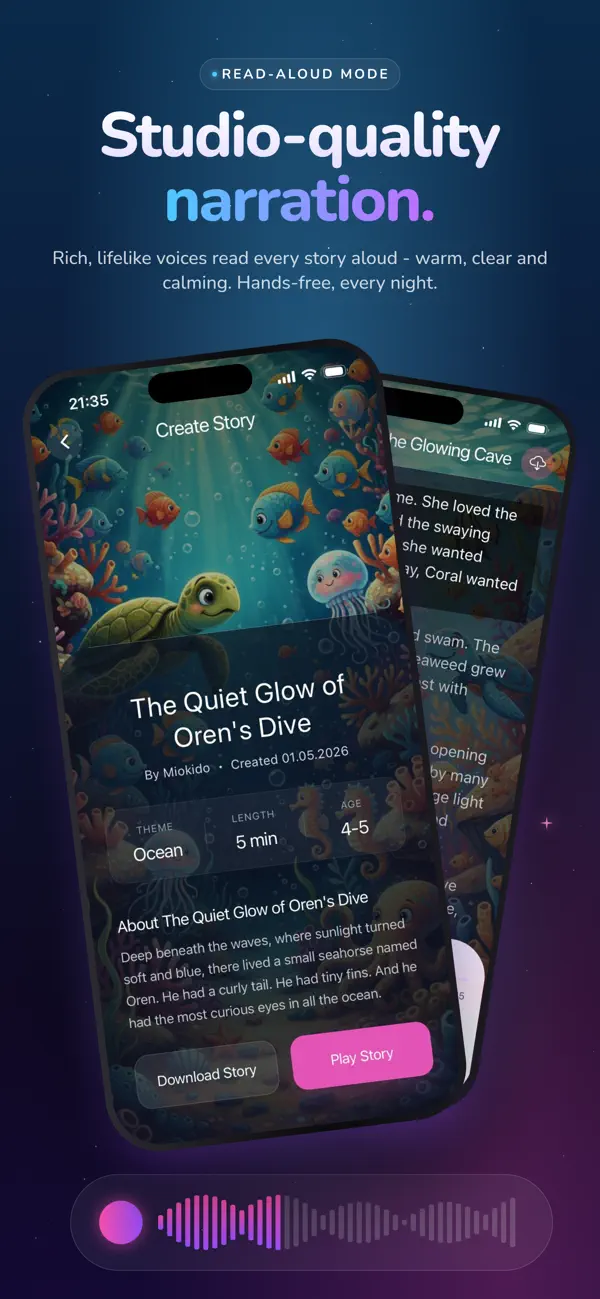 Soothing AI narration with read-along highlighting